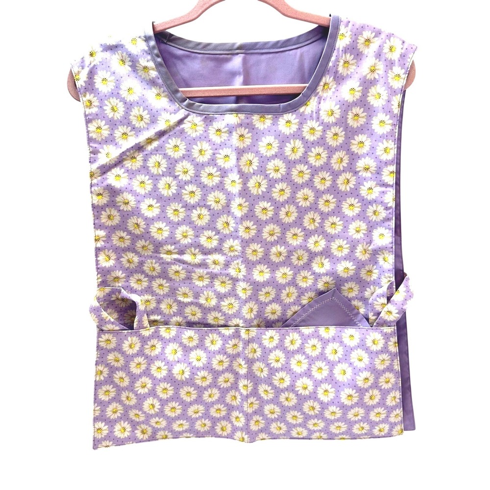 New Purple Daisy Floral Tabard Apron Smock Side Tie Two Pocket Smock VTG Style